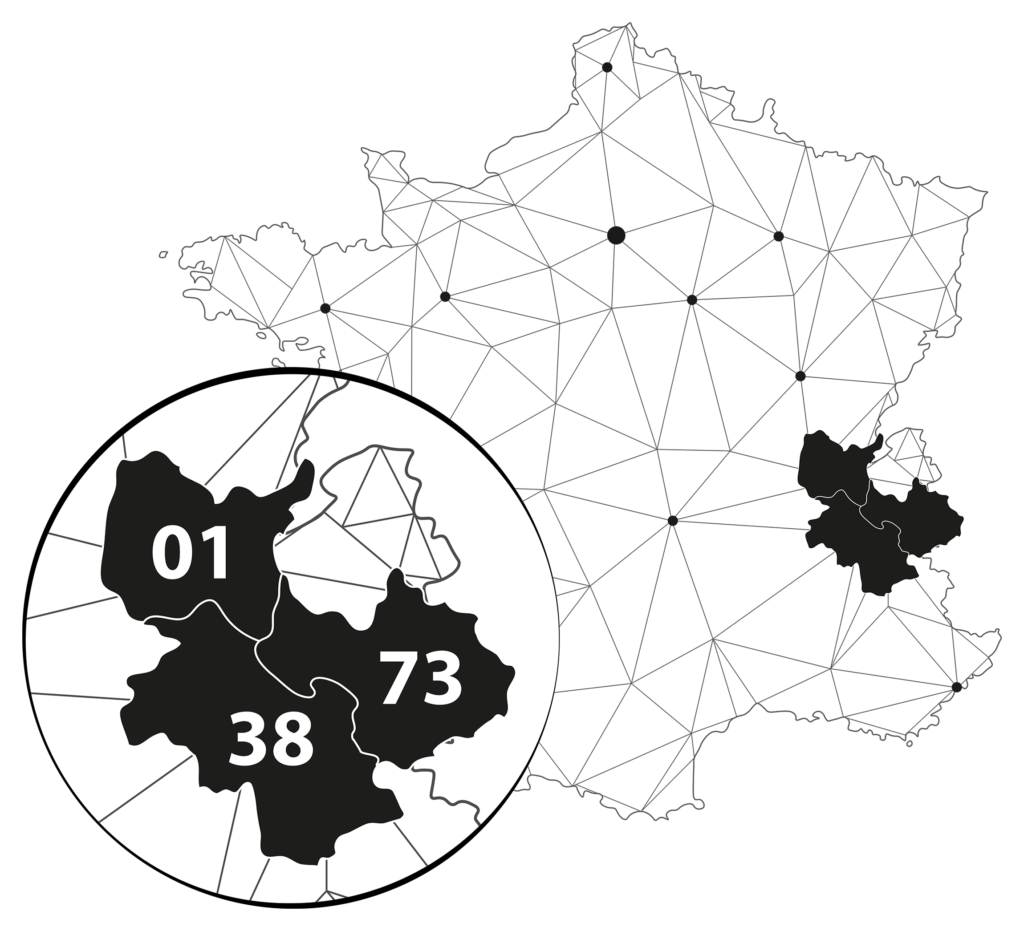 carte des départementd de l'Isère (38), l'Ain (01) et la Savoie (73).